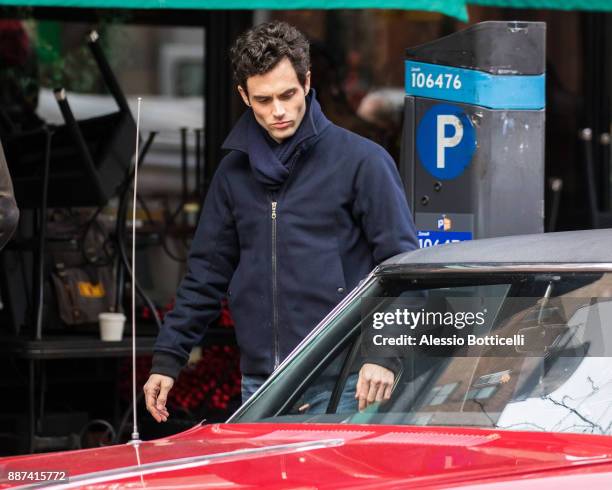 Penn Badgley is seen filming 'You' on December 6, 2017 in New York, New York.