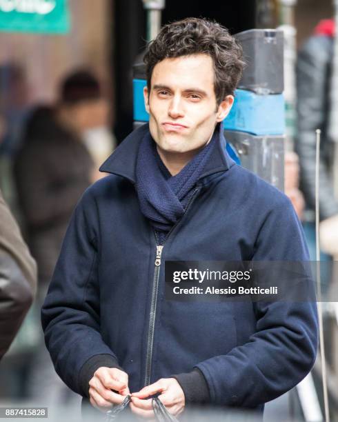 Penn Badgley is seen filming 'You' on December 6, 2017 in New York, New York.