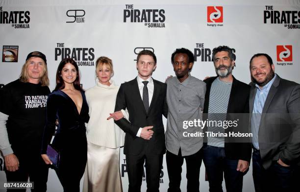 Bryan Buckley, Kiana Madani, Melanie Griffith, Evan Peters, Barkhad Abdi, Mino Jarjoura and Matt Lefebvre attend the premiere of 'The Pirates Of...