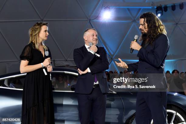 Head of BMW Group Cultural Engagement Thomas Girst and Studio Drift artists Lonneke Gordijn and Ralph Nauta speak onstage at the World Premiere Of...