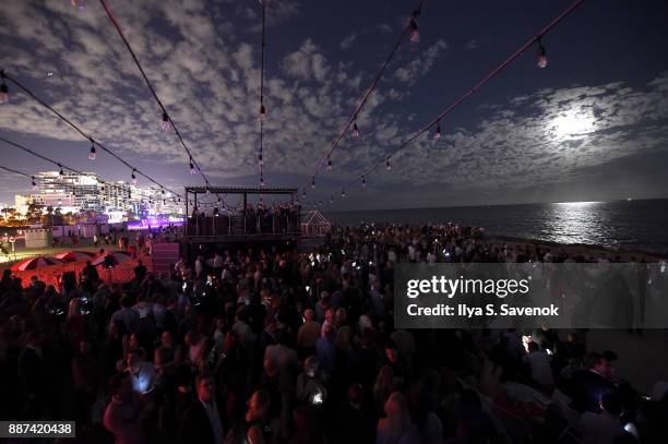 Guests watch the World Premiere Of FRANCHISE FREEDOM - A Flying Sculpture By Studio Drift In Partnership With BMW at The Faena Art Dome on December...