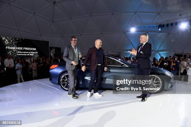 Pace Gallery President Marc Glimcher, Art Basel Global Director Marc Spiegler and Head of BMW Group Cultural Engagement Thomas Girst speak onstage at...