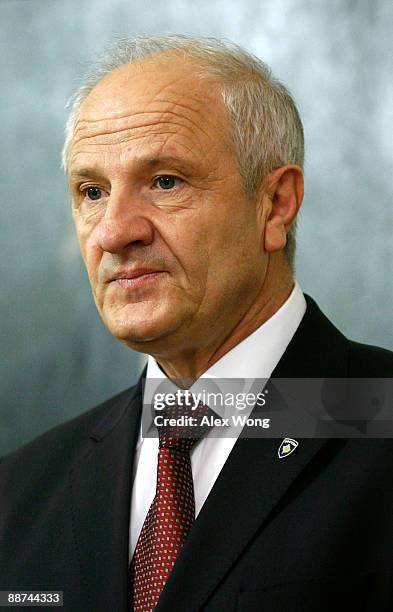 President of Kosovo Fatmir Sejdiu pauses as he speaks during the signing ceremony of Articles of Agreement of International Monetary Fund at the...