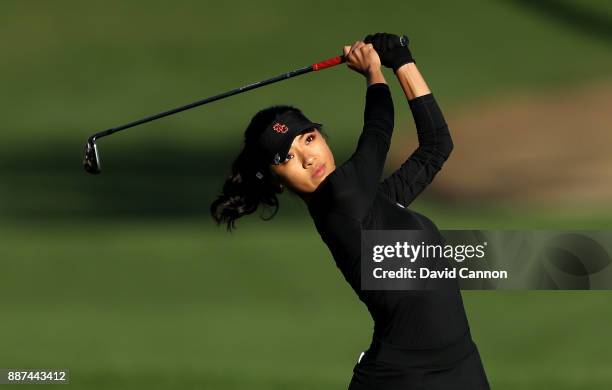 Muni He of China plays her third shot on the par 5, 10th hole during the second round of the 2017 Dubai Ladies Classic on the Majlis Course at The...