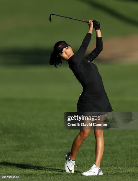 Muni He of China plays her third shot on the par 5, 10th hole during the second round of the 2017 Dubai Ladies Classic on the Majlis Course at The...