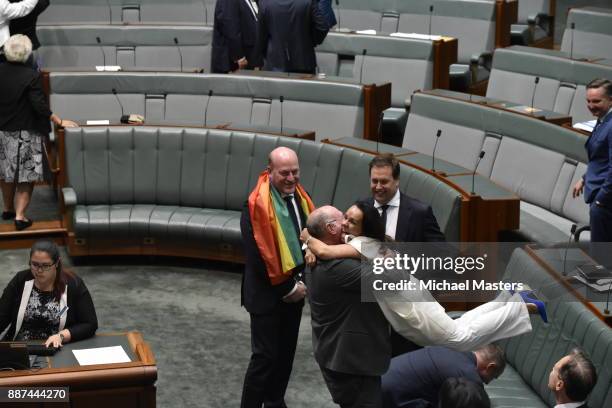 Trent Zimmerman and MP Linda Burney celebrate at Parliament House on December 7, 2017 in Canberra, Australia. The historic bill was passed on the...