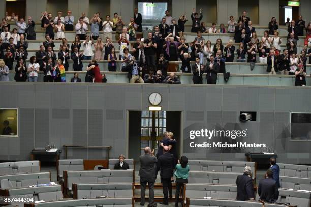 Bill Shorten and Tanya Plibersek at the entrance to the chamber at Parliament House on December 7, 2017 in Canberra, Australia. The historic bill was...