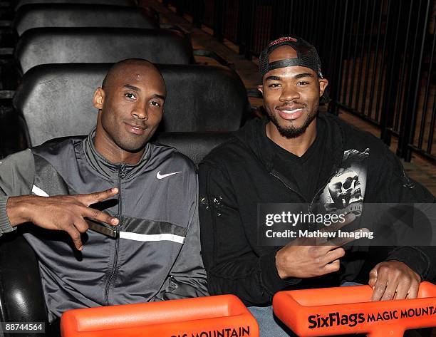 Kobe Bryant and sports personality Corey Maggette ride Terminator Salvation - The Ride at Six Flags Magic Mountain on June 28, 2009 in Valencia,...