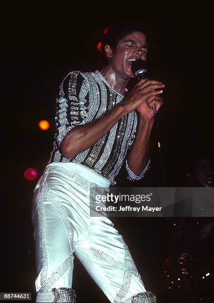 Singer Michael Jackson in concert during The Jacksons "Triumph Tour" in September 1981 at The Forum in Los Angeles, California.