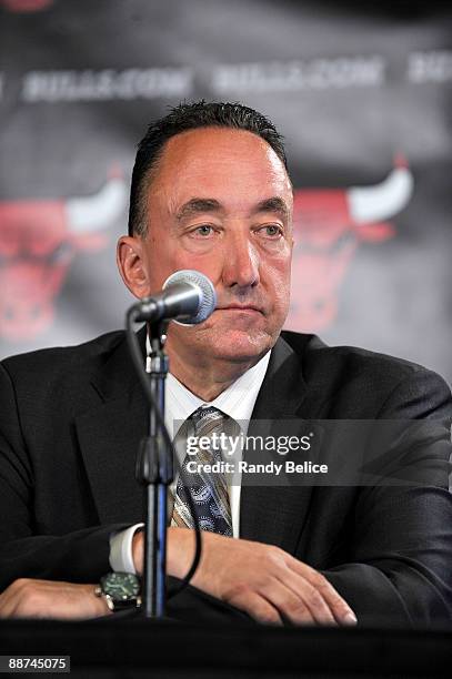 Chicago Bulls General Manager Gar Forman listens to a question during a press conference introducing the team's 2009 first round draft picks at the...