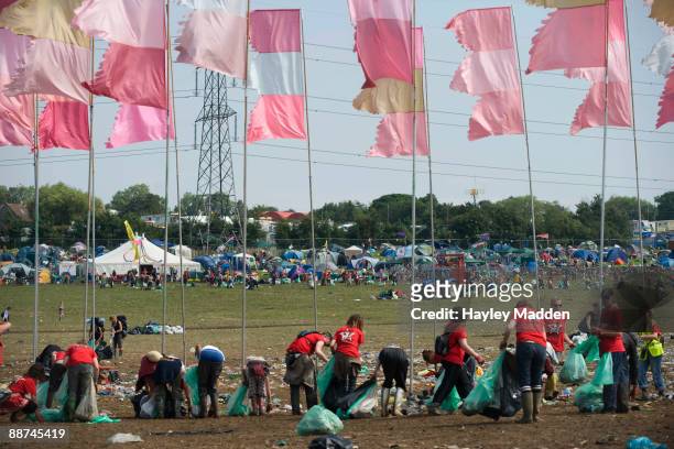 The clear up of the Pyramid Stage begins following the last day of Glastonbury festival at Worthy Farm on June 29, 2009 in Glastonbury, England.