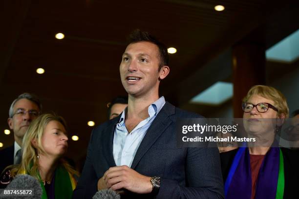 Ian Thorpe speaks to the media and celebrates the result of the marriage bill on December 7, 2017 in Canberra, Australia. The historic bill was...
