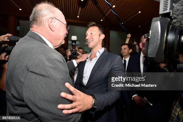 Warren Entsch congratulates Ian Thorpe on the passing of the marriage eqaulity bill on December 7, 2017 in Canberra, Australia. The historic bill was...