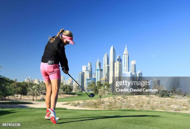 Noora Tamminen of Finland plays her tee shot on the par 4, eighth hole during the second round of the 2017 Dubai Ladies Classic on the Majlis Course...