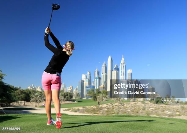 Noora Tamminen of Finland plays her tee shot on the par 4, eighth hole during the second round of the 2017 Dubai Ladies Classic on the Majlis Course...