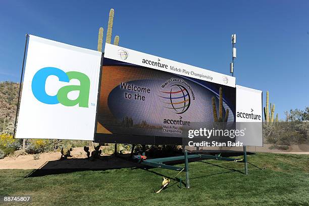 Video score board welcomes fans to the tournament during the Semifinals of the World Golf Championships-Accenture Match Play Championship held at The...