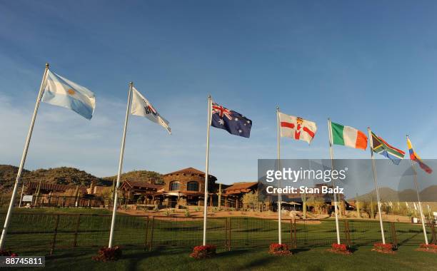 International flags blow in the wind in front of the clubhouse during the Semifinals of the World Golf Championships-Accenture Match Play...