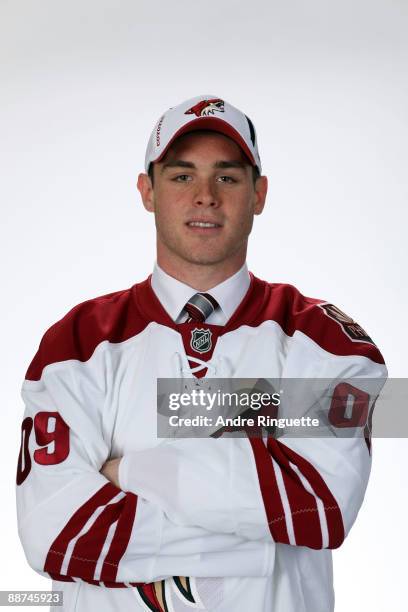 Jordan Szwarz poses for a portrait after being drafted by the Phoenix Coyotes during the second day of the 2009 NHL Entry Draft at the Bell Centre on...