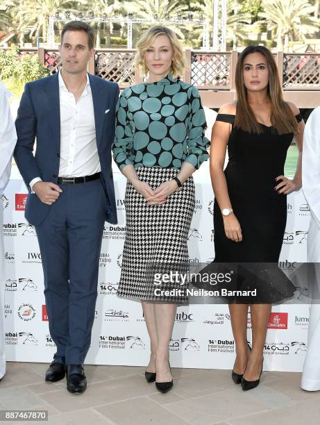 Schaffhausen CEO Christoph Grainger-Herr, actors Cate Blanchett and Hend Sabry attend the IWC Photocall on day two of the 14th annual Dubai...