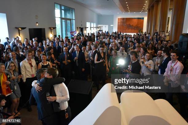 Celebrations take place for supporters of the passing of the marriage eqaulity bill on December 7, 2017 in Canberra, Australia. The historic bill was...