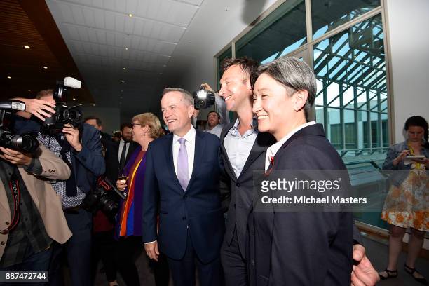 Bill Shorten, Ian Thorpe and Penny Wong celebrate the passing of the marriage equality bill on December 7, 2017 in Canberra, Australia. The historic...
