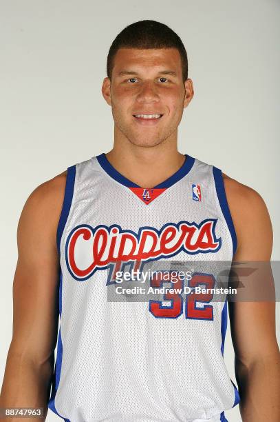 The Los Angeles Clippers number one draft pick Blake Griffin from the University of Oklahoma, poses in uniform for a photo shoot on June 29, 2009 at...