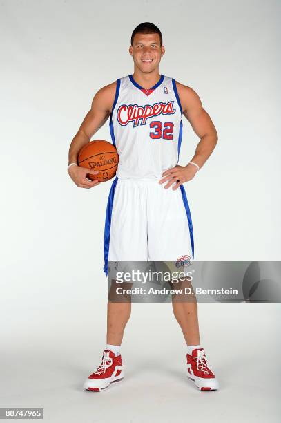 The Los Angeles Clippers number one draft pick Blake Griffin from the University of Oklahoma, poses in uniform for a photo shoot on June 29, 2009 at...