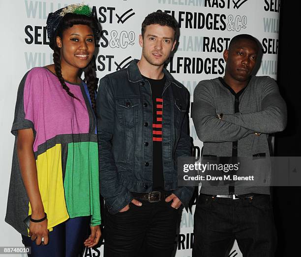 Brown, Justin Timberlake and Dizzee Rascal attend the launch of Justin Timberlake's latest fashion collection of William Rast, at Selfridges on June...