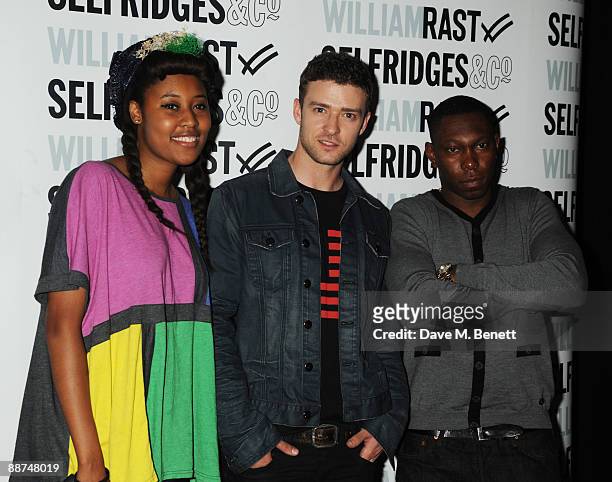 Brown, Justin Timberlake and Dizzee Rascal attend the launch of Justin Timberlake's latest fashion collection of William Rast, at Selfridges on June...