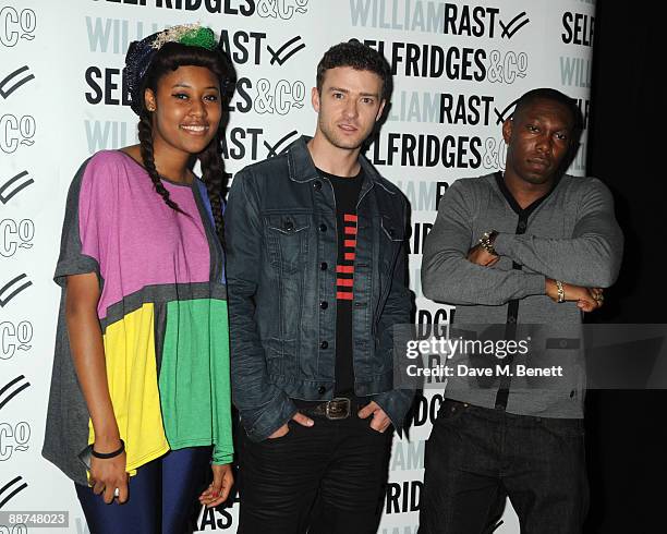 Brown, Justin Timberlake and Dizzee Rascal attend the launch of Justin Timberlake's latest fashion collection of William Rast, at Selfridges on June...