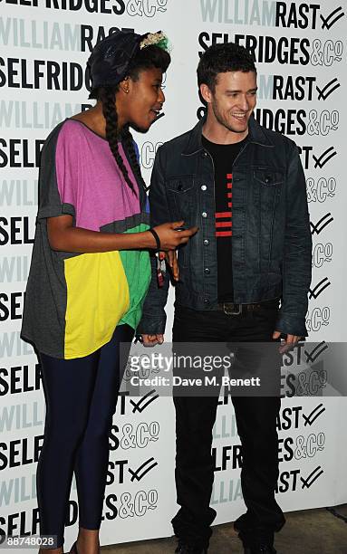 Justin Timberlake and VV Brown attend the launch of Justin Timberlake's latest fashion collection of William Rast, at Selfridges on June 29, 2009 in...