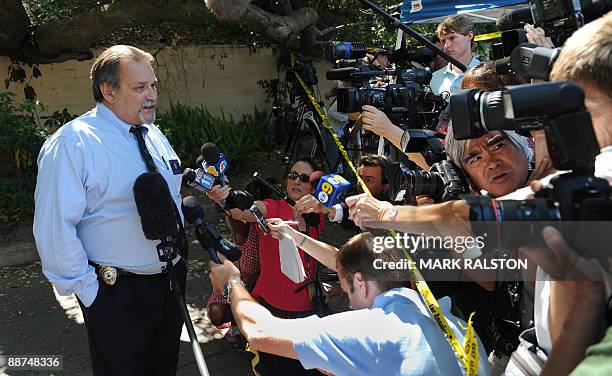 Ed Winter who is the Assistant Chief Investigator from the Department of the Coroner for Los Angeles County, talks to the media outside the rented...