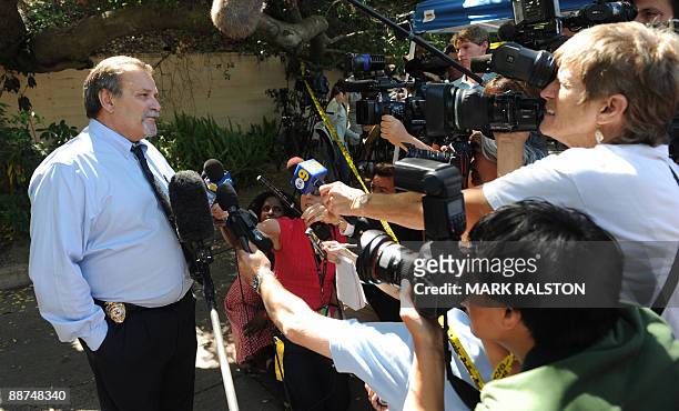 Ed Winter who is the Assistant Chief Investigator from the Department of the Coroner for Los Angeles County, talks to the media outside the rented...