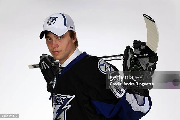 Victor Hedman poses for a photo after being selected second overall by the Tampa Bay Lightning with their first pick in the first round of the 2009...