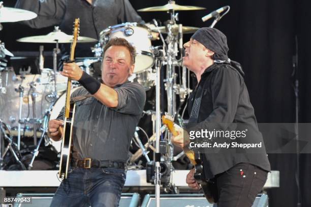 Bruce Springsteen and Steven Van Zandt perform on stage on the last day of Hard Rock Calling 2009 in Hyde Park on June 28, 2009 in London, England.