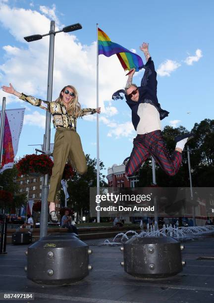 Christian Wilkins and Andrew Kelly display their appreciation of the passing of the Gay Marriage Bill at Taylor Square on December 7, 2017 in Sydney,...