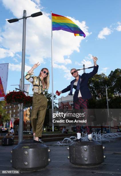 Christian Wilkins and Andrew Kelly display their appreciation of the passing of the Gay Marriage Bill at Taylor Square on December 7, 2017 in Sydney,...