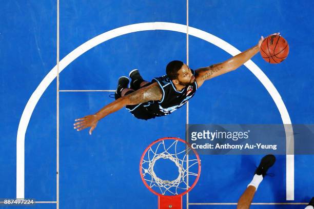 Devonte DJ Newbill of the Breakers grabs a rebound during the round nine NBL match between the New Zealand Breakers and the Brisbane Bullets at Spark...