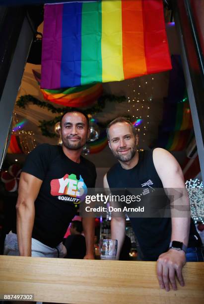 Patrons pose inside The Stonewall Hotel on December 7, 2017 in Sydney, Australia. The historic bill was passed on the final day of parliamentart...