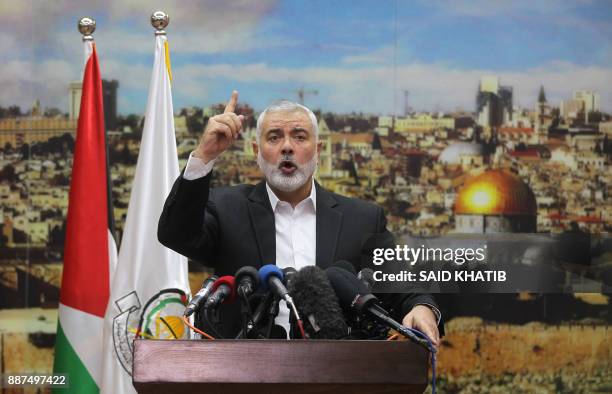 Hamas leader Ismail Haniya gestures as he delivers a speech over US President Donald Trump's decision to recognise Jerusalem as the capital of...