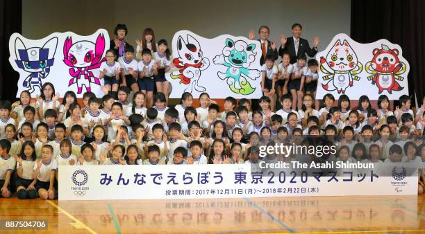 The three pairs of mascot designs shortlisted for the 2020 Tokyo Olympics and Paralympics are unveiled at Kakezuka elementary school on December 7,...