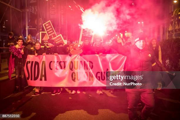 Demonstration march organized by the association Act Up-Paris during the World Day against HIV / AIDS in Paris, France, on 1st december 2017.