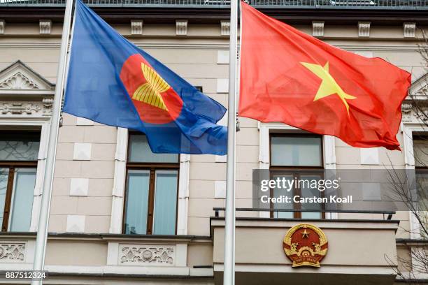 Flags waving in front of the Vietnamese Embassy on December 7, 2017 in Berlin, Germany. According to German newspaper Sueddeutsche Zeitung evidence...