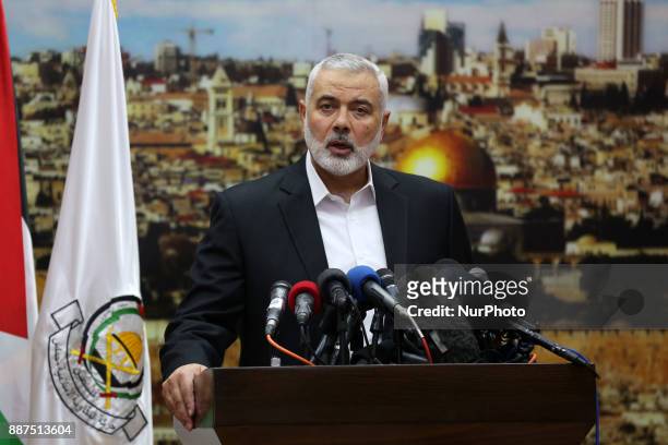 Hamas leader Ismail Haniya gestures as he delivers a speech over US President Donald Trump's decision to recognise Jerusalem as the capital of...