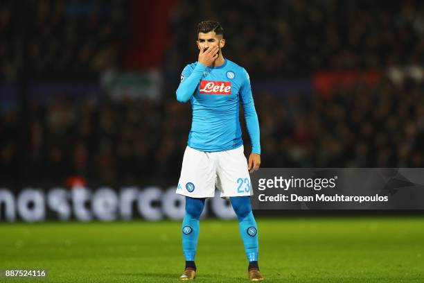 Elseid Hysaj of Napoli looks on during the UEFA Champions League group F match between Feyenoord and SSC Napoli at Feijenoord Stadion on December 6,...