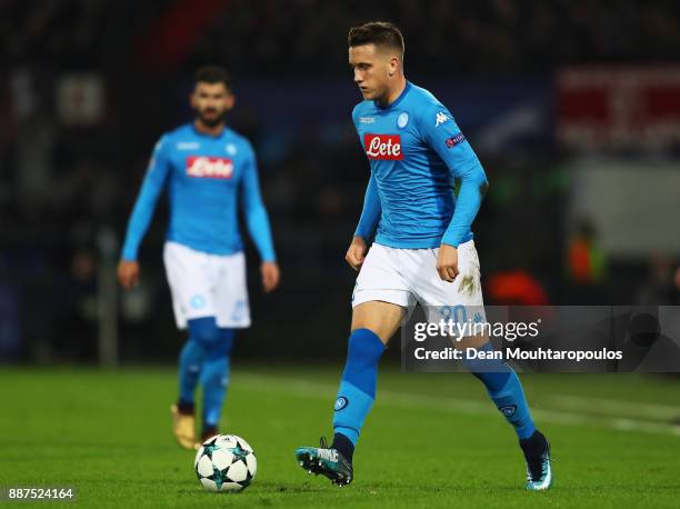 Piotr Zielinski of Napoli in action during the UEFA Champions League group F match between Feyenoord and SSC Napoli at Feijenoord Stadion on December...