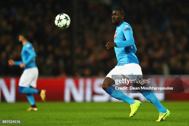 Kalidou Koulibaly of Napoli in action during the UEFA Champions League group F match between Feyenoord and SSC Napoli at Feijenoord Stadion on...