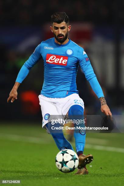 Elseid Hysaj of Napoli in action during the UEFA Champions League group F match between Feyenoord and SSC Napoli at Feijenoord Stadion on December 6,...