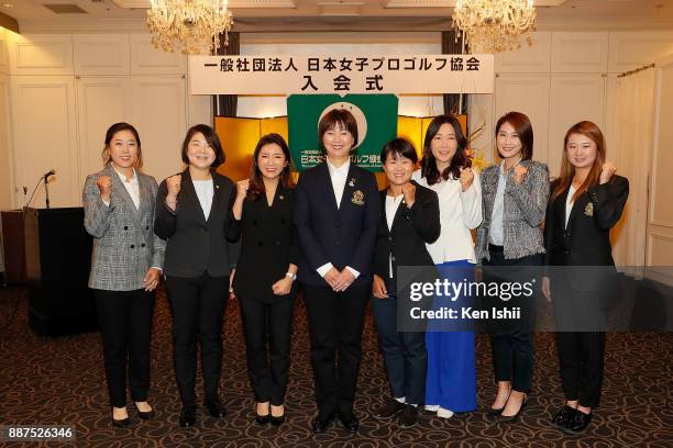 Hae-Rym Kim, Min-Young Lee, Bo-Mee Lee of South Korea, LPGA president Hiromi Kobayashi, Nasa Hataoka of Japan, Soo-Yun Kang, Ha-Neul Kim of South...