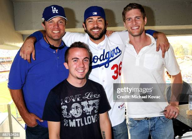 Actors Adam Baldwin, Frankie Muniz, Zachary Levi, and Ryan McPartlin appear at Actor Zachary Levi Throws Ceremonial First Pitch At Dodger Stadium on...